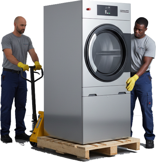 Δύο τεχνικοί μεταφέρουν ένα επαγγελματικό στεγνωτήριο