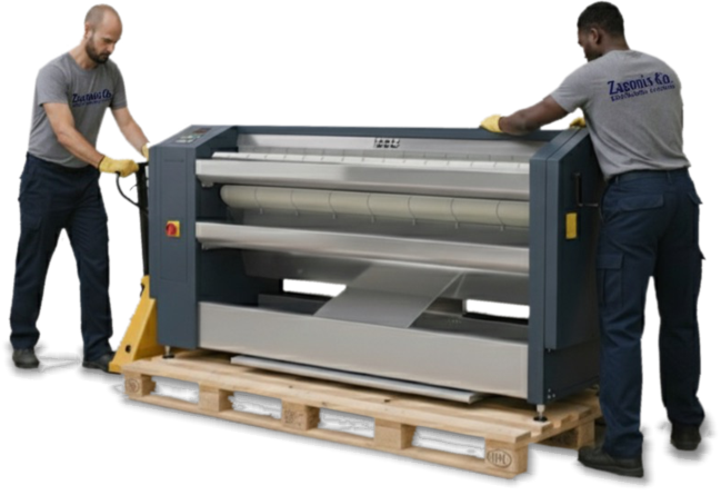 Δύο τεχνικοί μεταφέρουν ένα επαγγελματικό σιδερωτηρίου